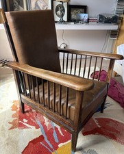 Fauteuil marine design XXe en bois et cuir marron , dossier réglable