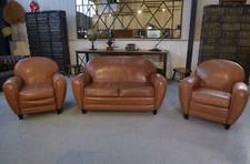 Ensemble 2 fauteuils club en simili cuir Camel 1980's